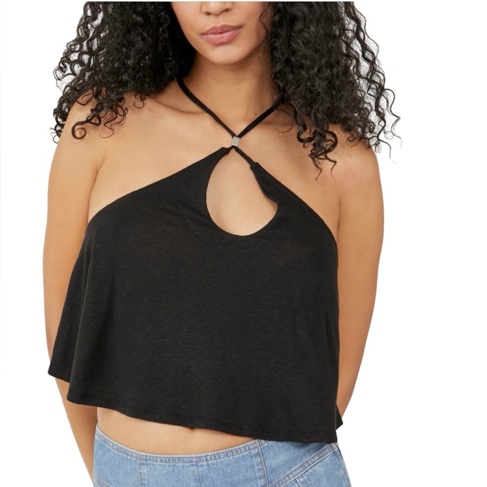 Free People Long Weekend Knit Halter Tank Black Cropped Flowy Linen Blend Top M
